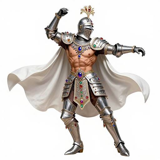 Digital illustration of a muscular, shirtless knight in shiny silver armor, crown, white cape, and jeweled belt, striking a victorious pose.