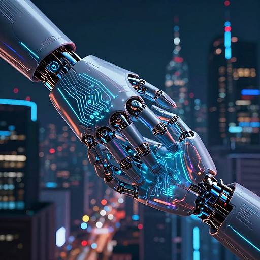 Photorealistic CGI of a futuristic, metallic robotic hand with glowing blue circuitry, extending over a neon-lit, nighttime city skyline.