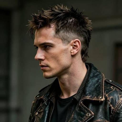 Photograph of a young white man with spiky brown hair, side profile, wearing a black leather jacket over a black shirt, looking serious, dark