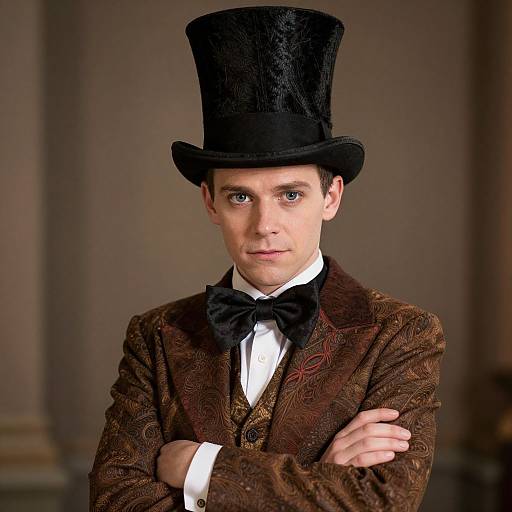 Photograph of a young man with fair skin and blue eyes, wearing a black top hat, brown patterned jacket, white shirt, black bow tie