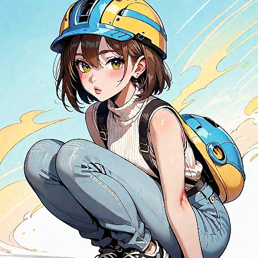 Anime Girl Wearing Blue Helmet and Jeans
