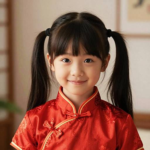 Photograph of a young Asian girl with black pigtails, wearing a red floral Chinese cheongsam, smiling softly in a softly lit room.