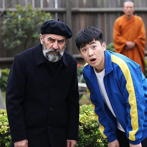 Two Men in Garden Showing Surprise and Intensity