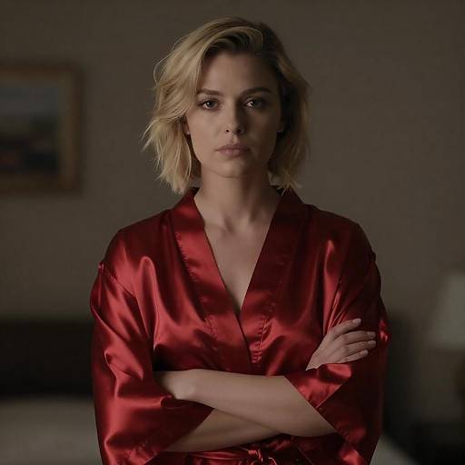 Serious Woman in Red Satin Robe