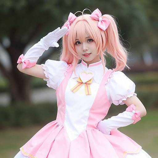 Photograph of a young Asian woman with pink twin-tails, wearing a pink and white anime-style dress, white gloves, and pink bows, sal