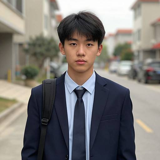 Photograph of an Asian teenage boy with straight black hair, wearing a black suit, white shirt, and black tie, standing on a suburban street with