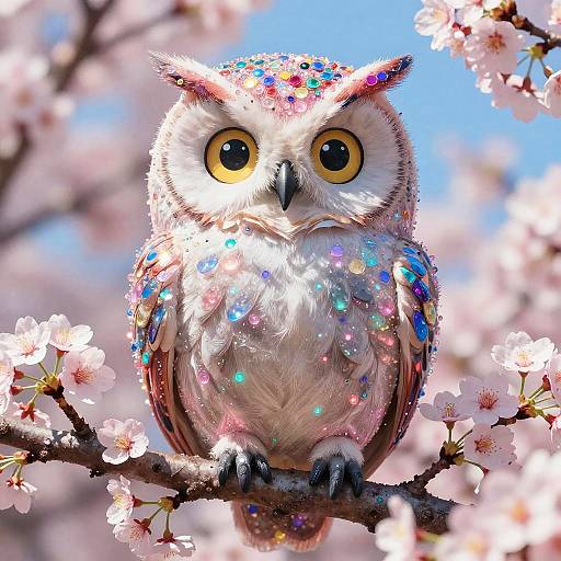 Whimsical Cherry Blossom Owl in Electric Hues