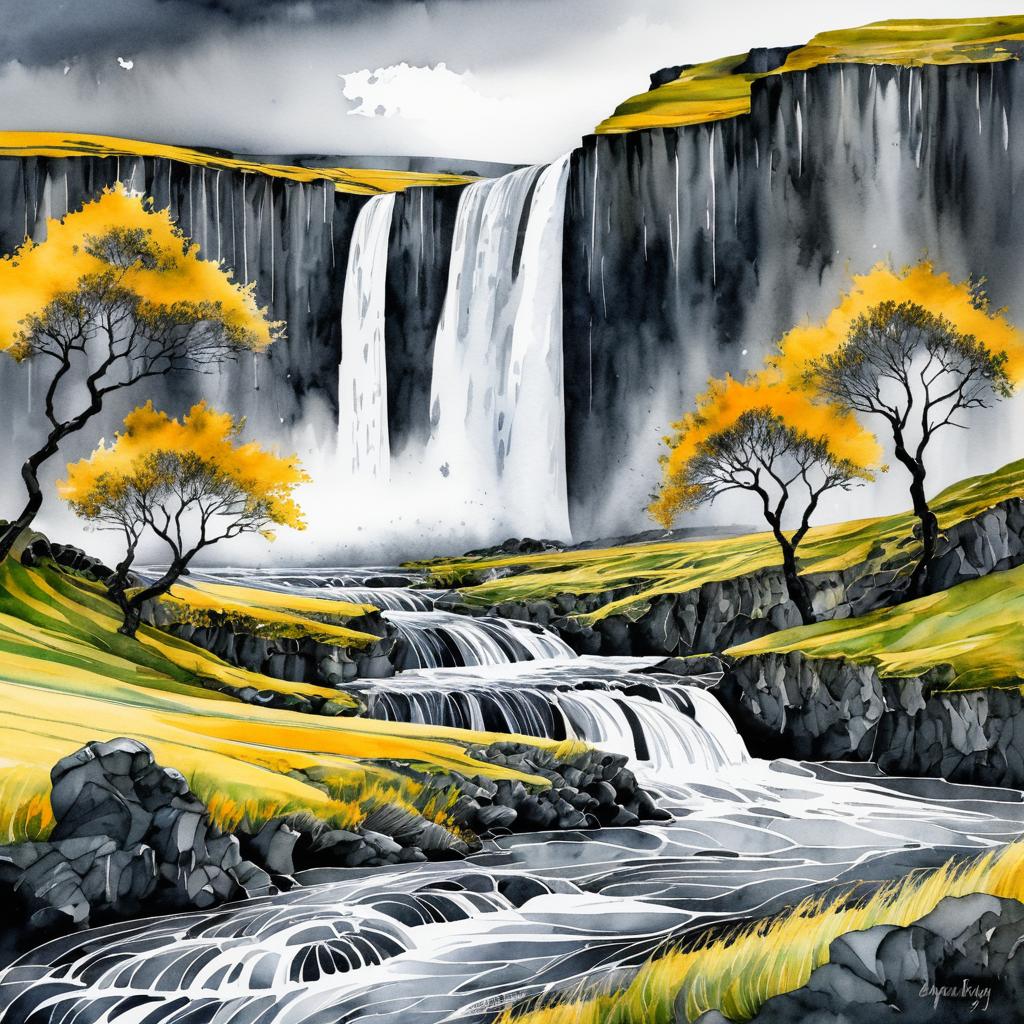 Elegant Icelandic Waterfall in Art Nouveau