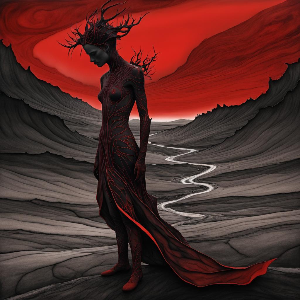 Surreal Creature in a Blood-Red Wasteland