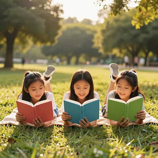 Three Girls Reading in Golden Hour