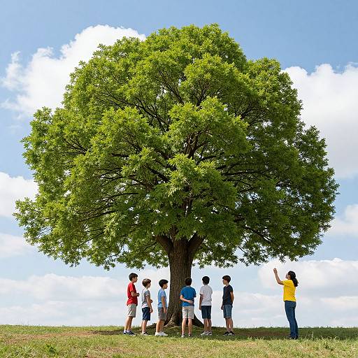 Photograph of six children standing under a large, leafy tree on a grassy hill, with a bright blue sky and fluffy clouds in the background