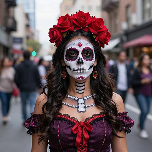 Photograph of a woman in a Day of the Dead costume, with white face paint, red flower crown, black lace dress, and street background blurred