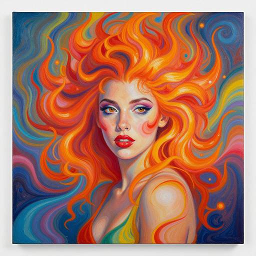 Vibrant digital painting of a woman with fiery orange, wavy hair, bold red lips, and intense blue eyes, set against a swirling,