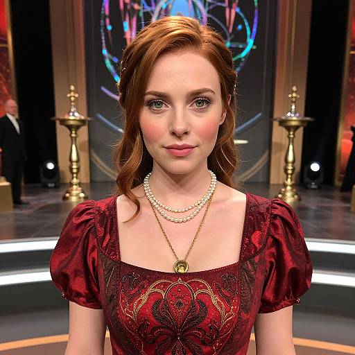 Digital portrait of a fair-skinned, red-haired woman with green eyes, wearing a red, ornate dress, pearl necklace, and gold pendant,