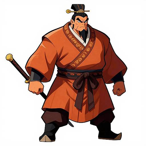Digital illustration of a muscular, stern-looking samurai in an orange kimono with black trim, holding a sheathed katana, wearing a black hat