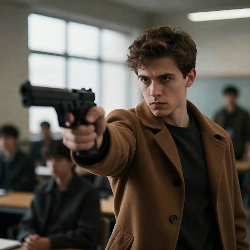 Young Man Pointing Gun Inside Classroom