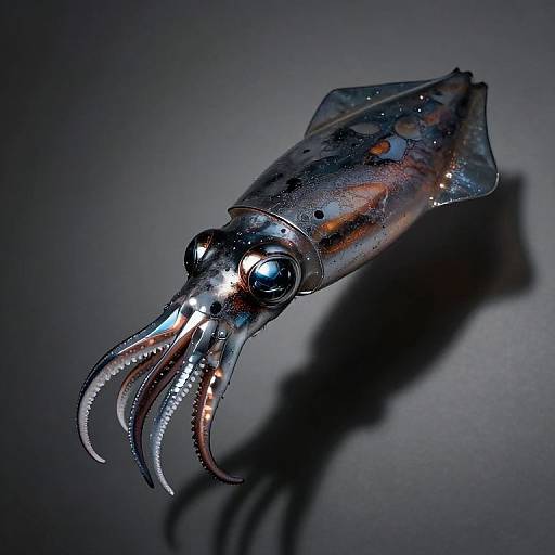 Photograph of a metallic, glossy squid sculpture with reflective eyes and detailed tentacles, casting a shadow against a dark, textured background.