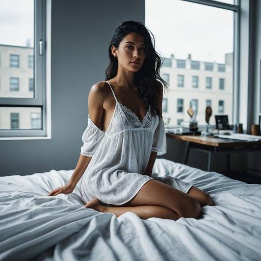 Woman in White Nightdress Sitting on Bed