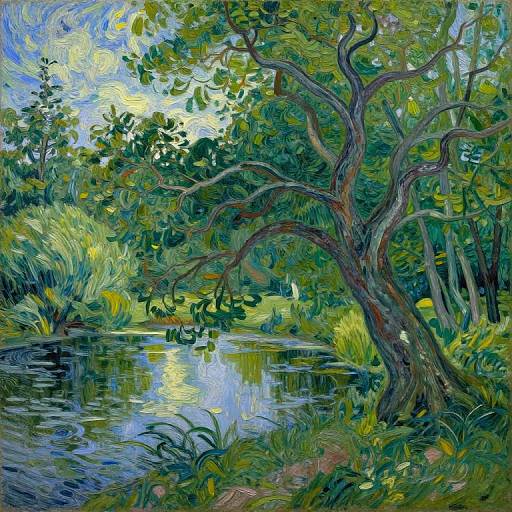 Vibrant oil painting of a lush, green forest with a reflective pond, featuring a large, twisted tree and swirling brushstrokes.