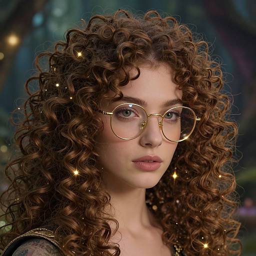 Photograph of a fair-skinned woman with curly brown hair, wearing gold-rimmed round glasses, surrounded by glowing fairy lights, against a blurred