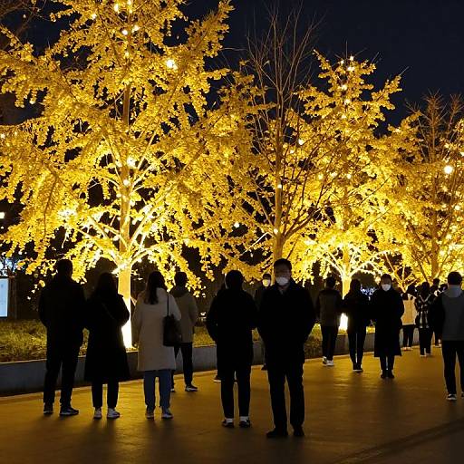 Photograph of a nighttime park scene with people silhouetted against warmly glowing, yellow-lit trees, wearing winter clothing and masks.