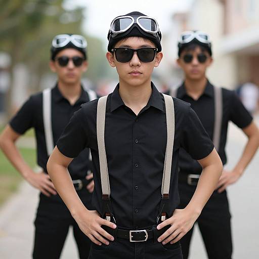 Photograph of three young Asian men in black attire, sunglasses, goggles, and suspenders, standing in a blurred outdoor setting.