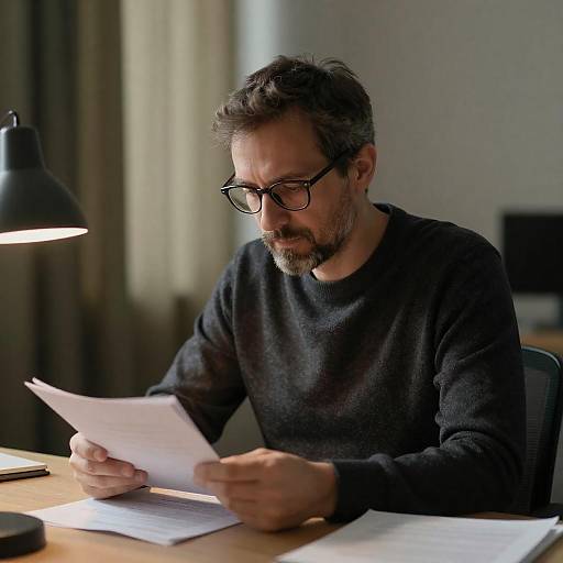 Focused Middle-Aged Man Reading Document at Desk