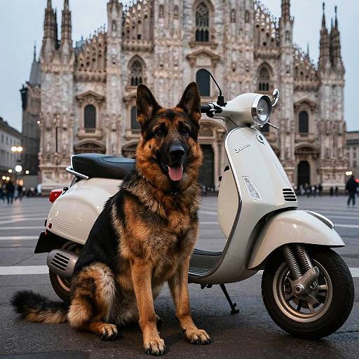 Photograph of a German Shepherd sitting on a white Vespa scooter in front of a Gothic-style cathedral with intricate architecture.