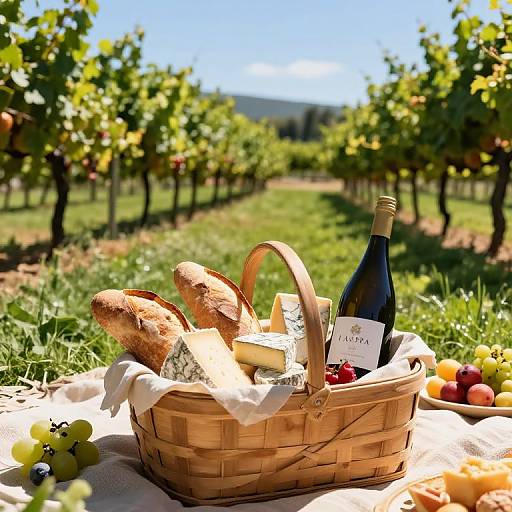 Photograph of a wicker basket filled with baguettes, cheese, grapes, and wine, set on a picnic blanket in a sunlit vine