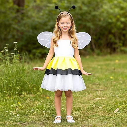 Photograph of a smiling young girl with blonde hair, wearing a yellow and white dress, white wings, black and yellow skirt, white shoes, and