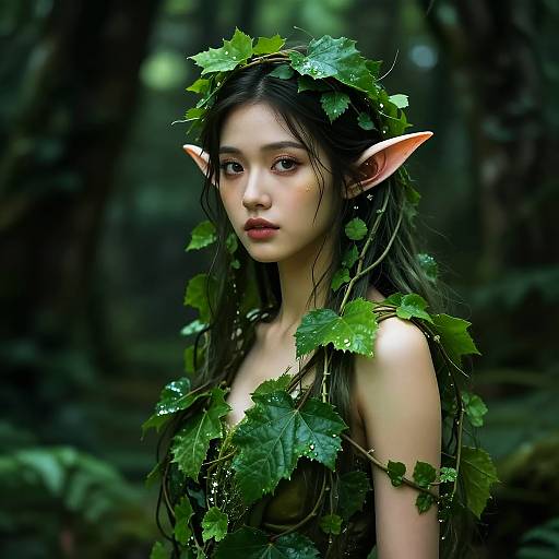 Digital artwork of an ethereal, young Asian elf woman with pointed ears, green leaf crown, and wet, long black hair, in a dark,