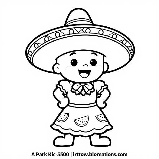 Black-and-white line drawing of a cheerful child wearing a large, decorated sombrero and a dress with fruit patterns, arms crossed, standing confidently. Water