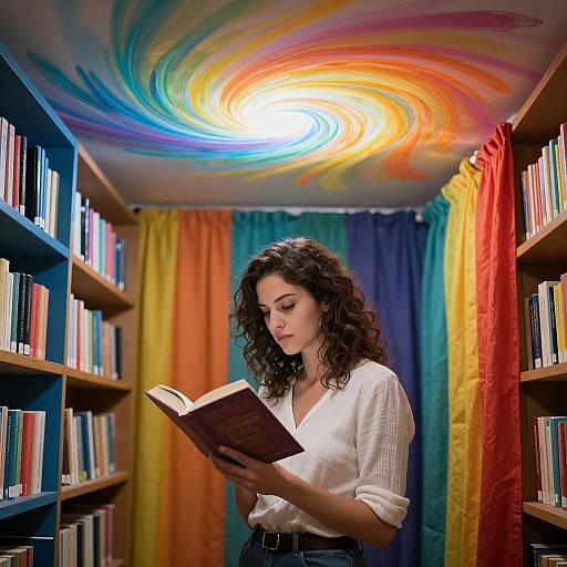 Photograph of a curly-haired woman in a white blouse reading a book in a colorful library with rainbow ceiling swirls and multicolored curtains.