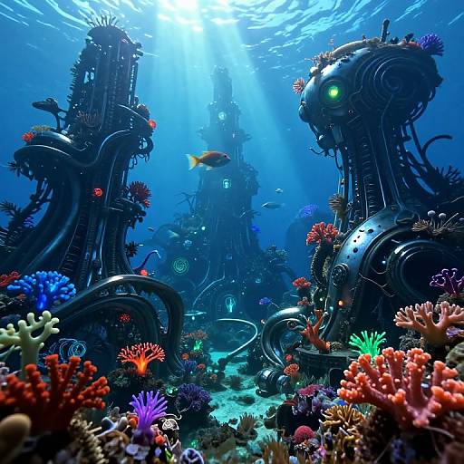 Photorealistic CGI of an underwater scene with two black, robotic creatures surrounded by vibrant corals and a small orange fish, illuminated by sunlight filtering through
