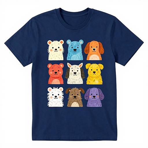 Children's navy blue T-shirt with colorful cartoon dog faces in 3x3 grid, featuring red, blue, orange, yellow, white, brown