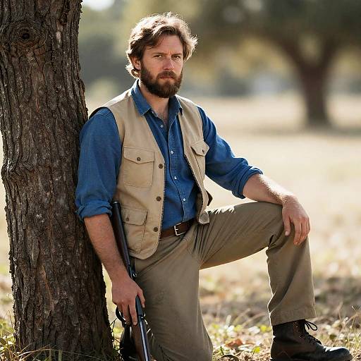 Serious Man with Rifle by Tree