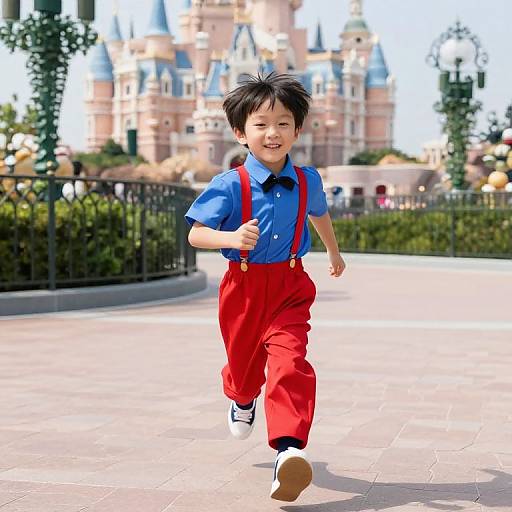 Photograph of a smiling Asian boy with spiky black hair, wearing blue shirt, red suspenders, and red pants, running in a sunny theme