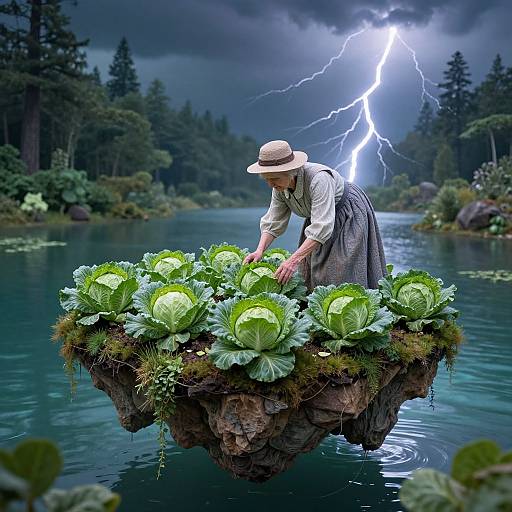 Photograph of a farmer in a straw hat, white shirt, and gray dress, tending green cabbages on a floating rock in a storm