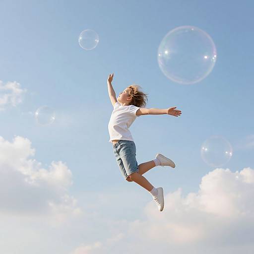 Photograph of a joyful child with brown hair, wearing a white t-shirt, denim shorts, and white sneakers, jumping against a bright blue sky with