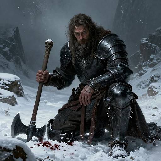 Bearded Viking warrior in silver armor kneels in snowy mountains, holding bloody axe, intense expression, misty background, digital art.