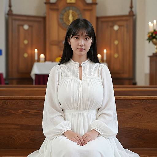Photograph of an Asian woman with long black hair, wearing a white, long-sleeved, embroidered dress, sitting in a wooden church pew with