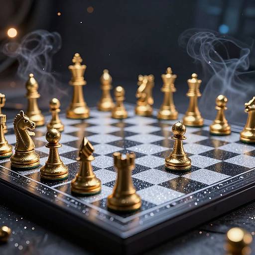 Photograph of a glowing, gold chess set with smoky effects on a black-and-white checkered board, illuminated dramatically in a dark background.