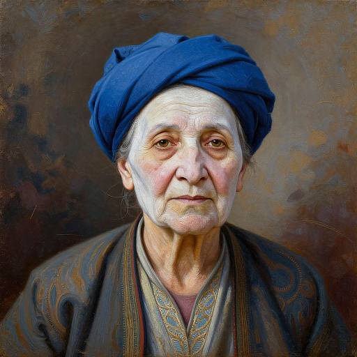 Photorealistic portrait of an elderly man with wrinkled skin, wearing a blue turban and patterned brown robe, against a textured brown background.