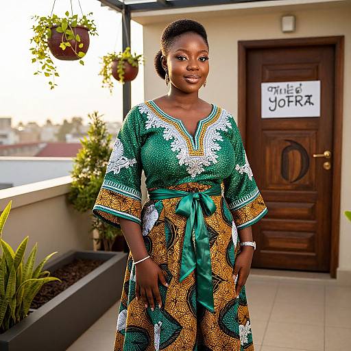 Photograph of a smiling African woman in a green, patterned dress with white and yellow floral designs, standing on a balcony with potted plants and