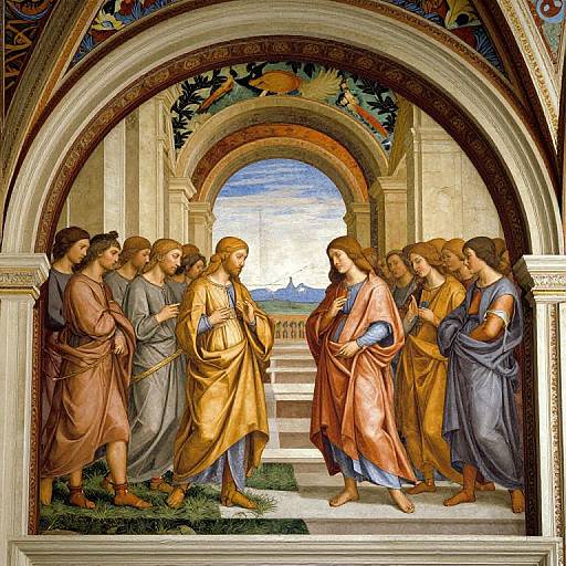 Renaissance painting: Jesus in orange robe, blue mantle, facing 12 disciples in varied robes, under ornate archway, with vibrant background