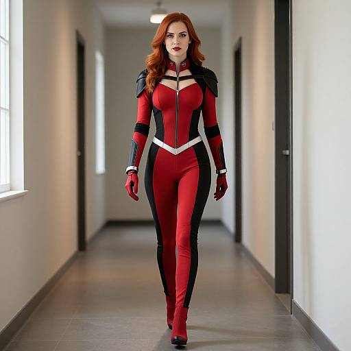 Photograph of a red-haired woman in a red and black superhero suit, walking confidently down a bright, empty hallway.