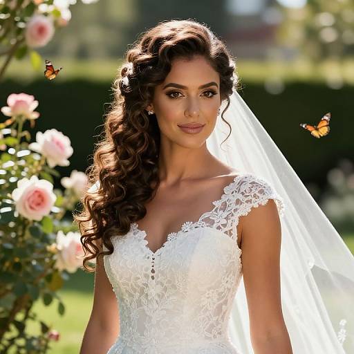 Photograph of a beautiful brunette bride with curly hair, wearing a lace white wedding dress and veil, surrounded by pink roses and butterflies in a sunlit