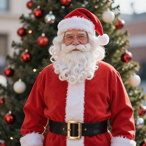 Photograph of a traditional Santa Claus with a white beard, red suit, and black belt, standing in front of a decorated Christmas tree with red and