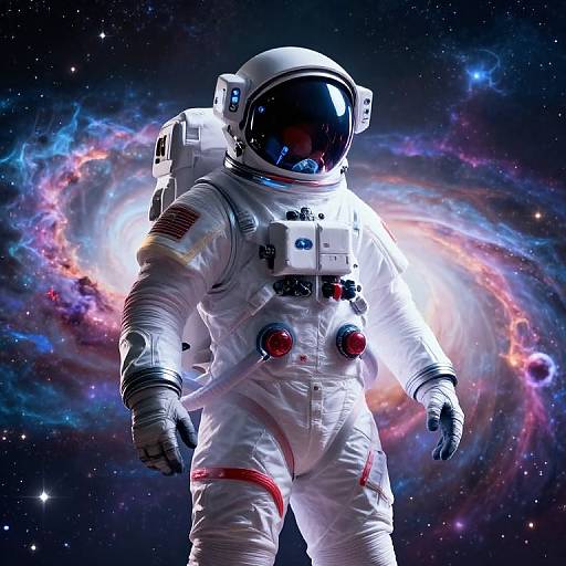 Photograph of an astronaut in a white spacesuit with a reflective helmet, standing against a vibrant, colorful galaxy background.