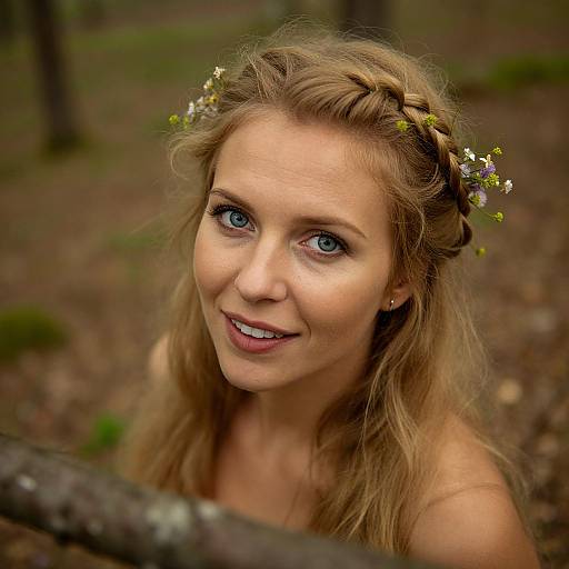 Photograph of a smiling blonde woman with blue eyes, braided hair adorned with small flowers, in a forest setting.